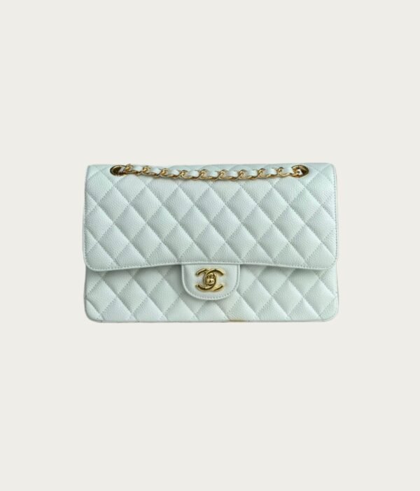 香奈儿CF 鱼子酱 白色金扣 Chanel CF Classic 11.12 Handbag Grained Calfskin Gold buckle