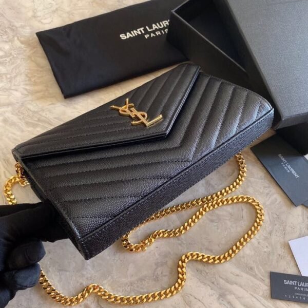 YSL CLASSIC CASSANDRE CHAIN WALLET IN GRAIN DE POUDRE LEATHER