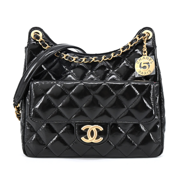 香奈儿 hobo 中号黑色 (1) CHANEL Hobo Bag Calfskin shoulder/crossbody Medium hobo bag
