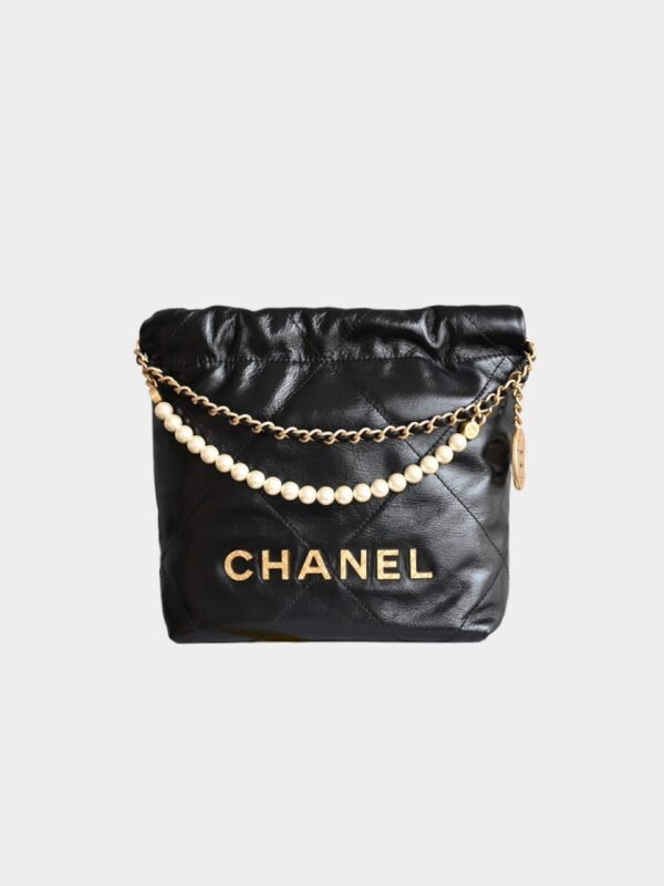 CHANEL 22 MINI HANDBAG Shiny Calfskin & Gold-Tone Metal Pearl chain