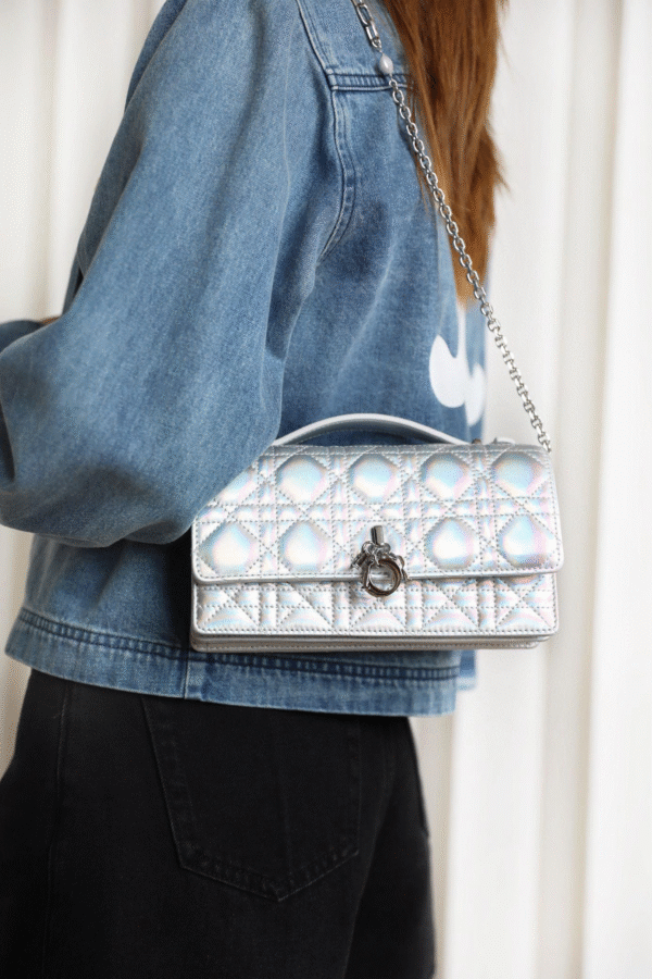 DIOR Lady Clutch Metallic Silver Cannage Crossbody Bag