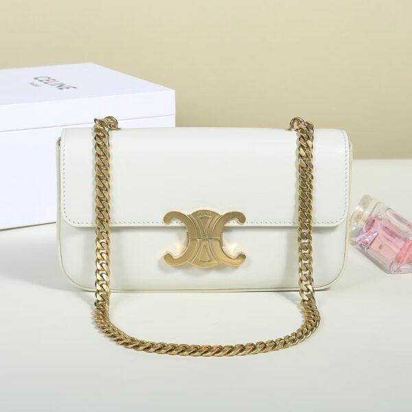 Celine Women Chain Shoulder Bag Triomphe in Shiny Calfskin-White