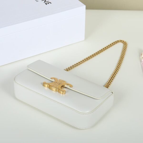 Celine Women Chain Shoulder Bag Triomphe in Shiny Calfskin-White