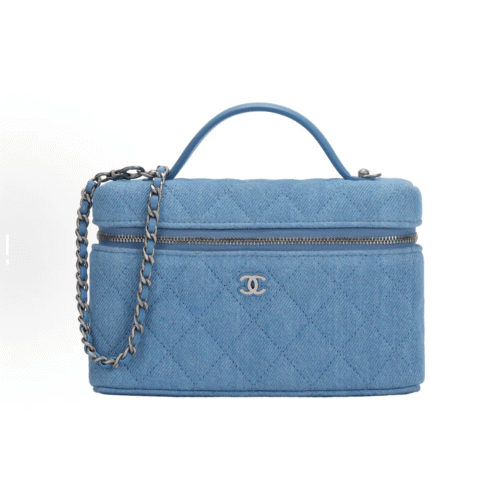 CHANEL 25C zippered silver buckle washed denim shoulder crossbody tote bag blue