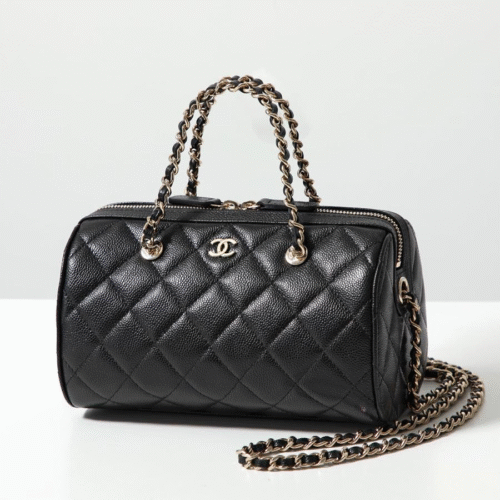 CHANEL Classic chain bag Shiny grained calfskin and gold-tone metal Bowling Bag Black