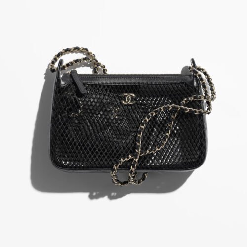 Clutch With Chain Mesh Shiny Lambskin & Gold-Tone Metal Black