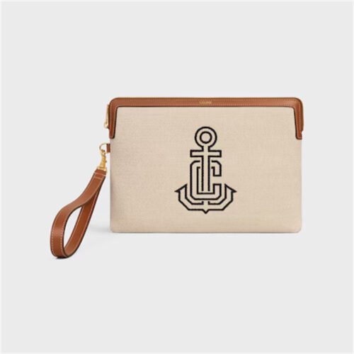 10J502GIU (1) SMALL POUCH WITH STRAP IN TEXTILE WITH ANCHOR EMBROIDERY AND CALFSKIN