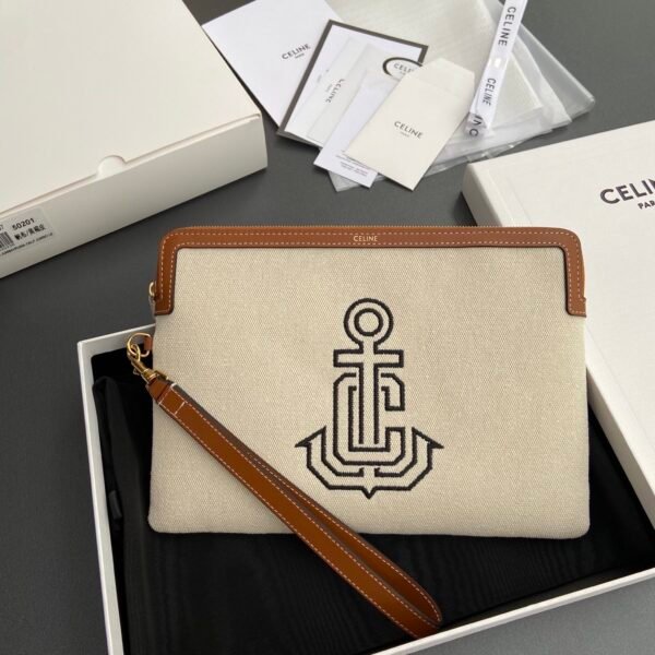 SMALL POUCH WITH STRAP IN TEXTILE WITH ANCHOR EMBROIDERY AND CALFSKIN