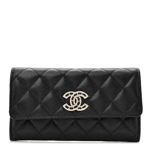 Caviar Quilted Crystal CC Large Gusset Flap Wallet