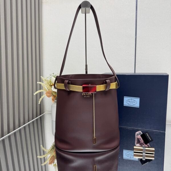 1BE085_2HIF (1) Prada Buckle leather bucket bag with jeweled belt