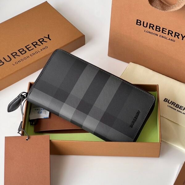 p80702541 (2) Burberry Check zipper wallet charcoal gray p80702541