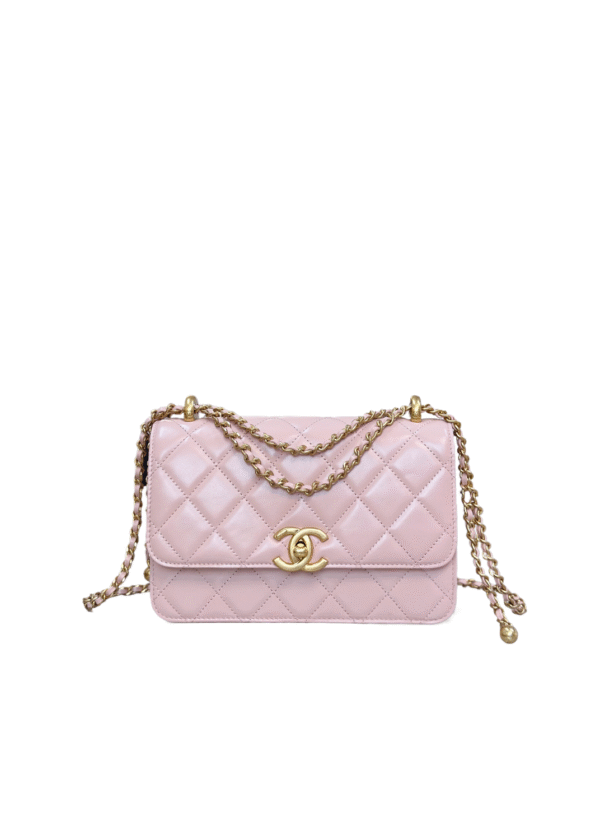 CHANEL 25S pink (1) Chanel 25S double gold bead chain bag 19cm