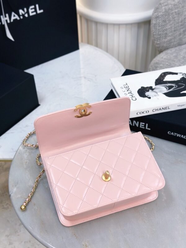 CHANEL 25S pink (3) Chanel 25S double gold bead chain bag 19cm