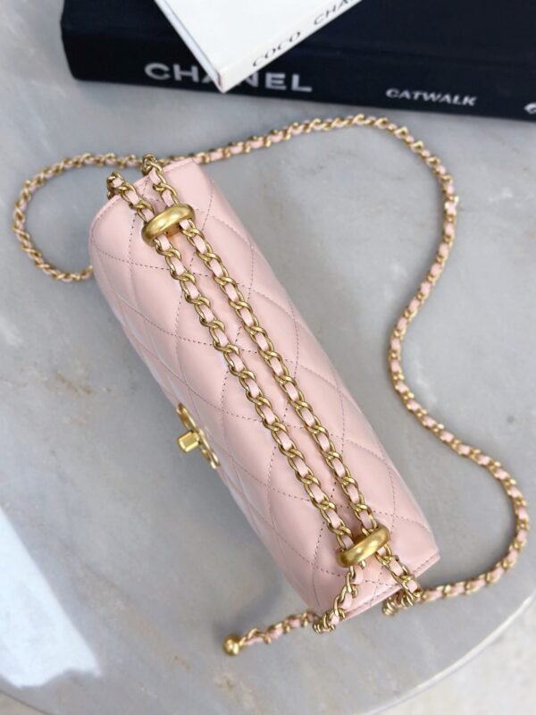 CHANEL 25S pink (5) Chanel 25S double gold bead chain bag 19cm