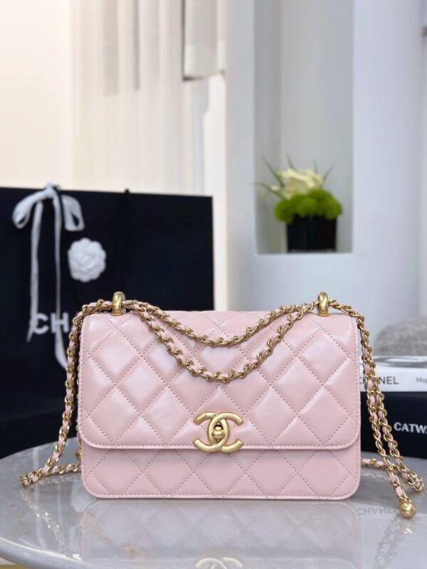 CHANEL 25S pink (6) Chanel 25S double gold bead chain bag 19cm